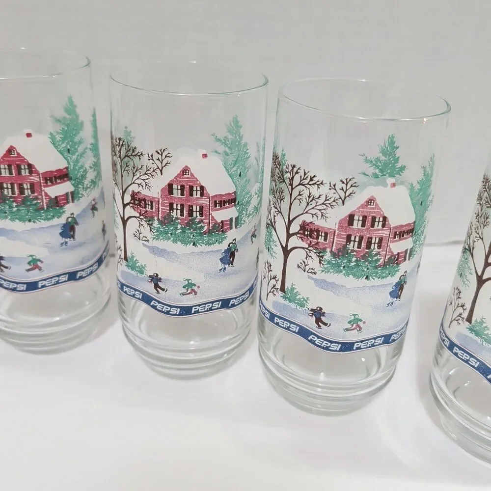 Vtg Pepsi Holiday 16oz Glasses Set of 6 Winter Cabin Snow Scene Retro